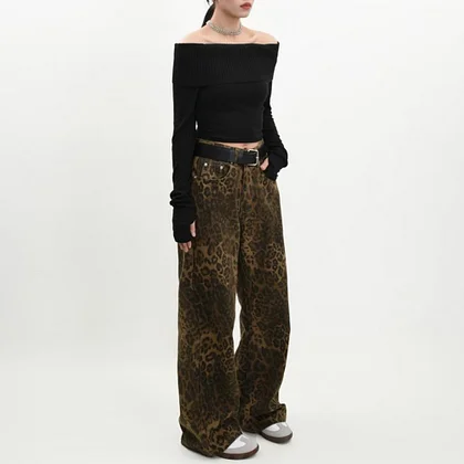 Nautinvest Leopard Print Women's Jeans Loose High Waist Lady's Straight Leg Pant 2025 Spring Summer Female Pants Street Style Ladies Pants