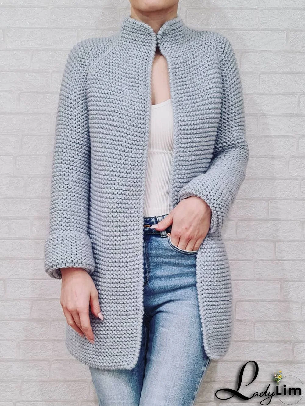 Casual Textured Knit Plain Stand Collar Long Sleeve Cardigan Coat