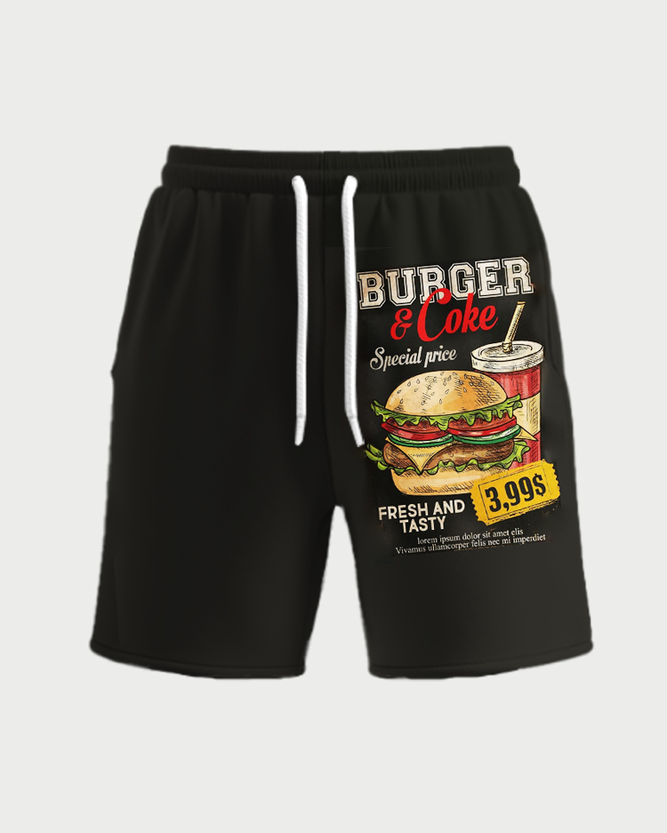 Men's Plus Size Retro Burger Printed T-shirt Shorts Suit