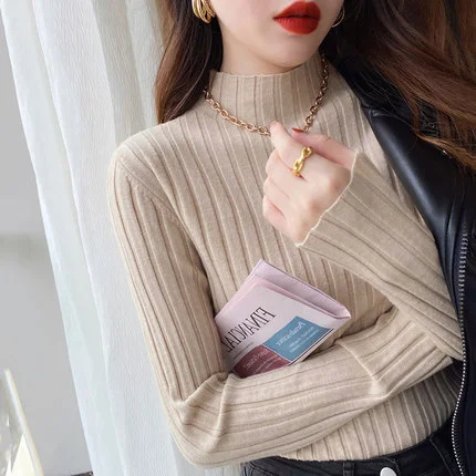 Mongw Sweater Women's Thin Half-High Collar Solid Color Knitted Sweater 2023 Autumn And Winter New Stylish Slimming Blouse