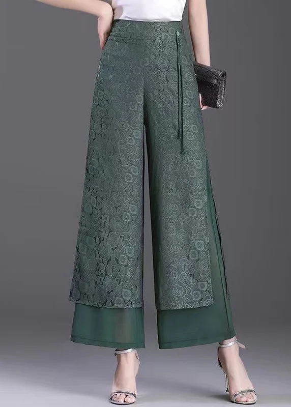Chinese Style Green High Waisted Jacquard Straight Leg Pants Summer