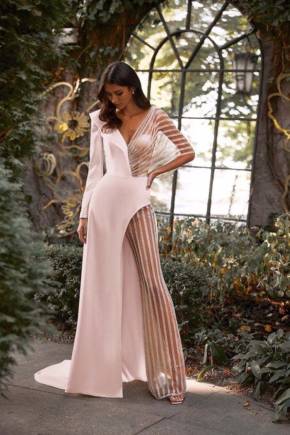 Hidais Patchwork White V Neck Long Sleeves High Waist Long Wid-Leg Jumpsuit with Tulle