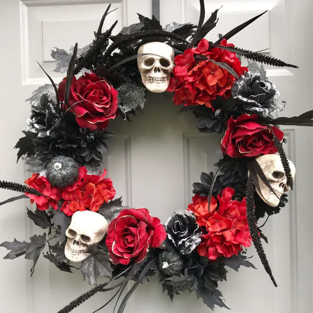Red And Black Rose And Skull Halloween Wreath For Front Door, Pumpkin Halloween Wreath, Gothic Home Decor , Skull Decor, Gothic Wall Decor