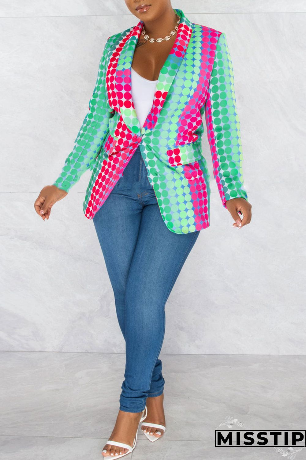 Green Fashion Casual Print Patchwork Cardigan Turn-back Collar Outerwear