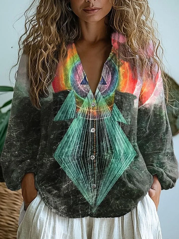 Women's  Retro Geometry Art Print Casual Long Sleeve Comfortable Cotton Shirt