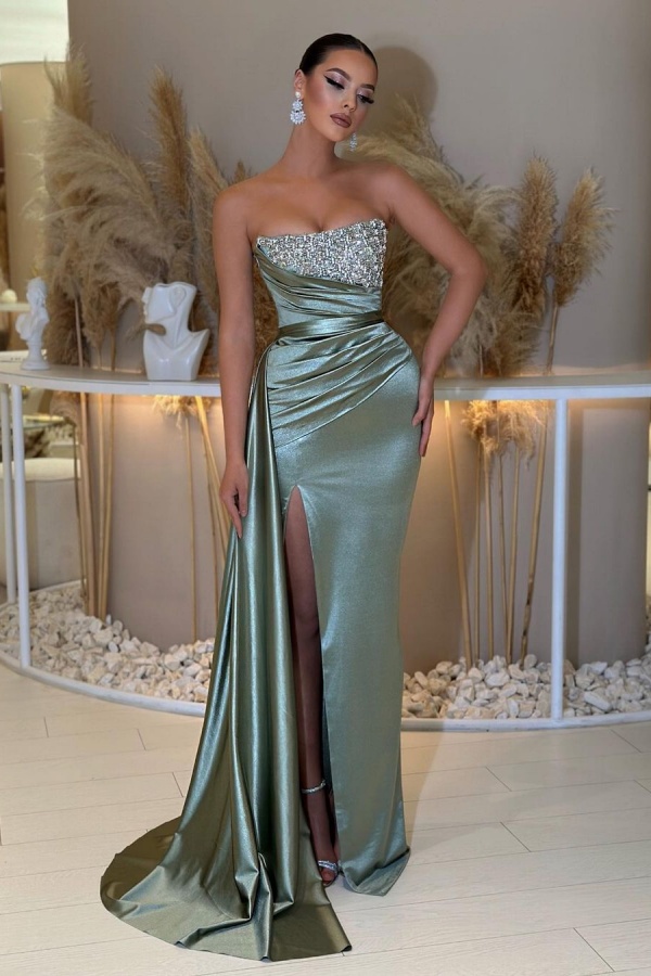Sage Green Sleeveless Prom Dress Strapless Pleated Slit YH033