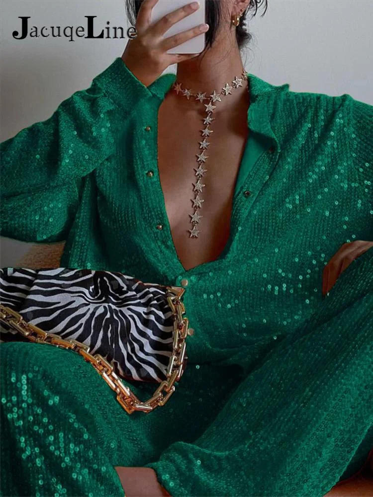 Jacuqeline 2022 Sequins Sexy Tops Blouse And Pants Y2K Women Clothes Long Sleeve V Neck Button Blouses Shirts Elegant Party Club