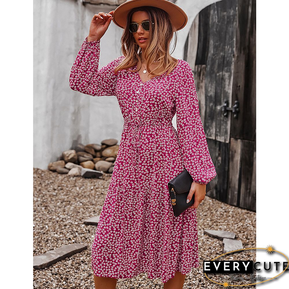 Red Floral Print V Neck Long Sleeve Dress
