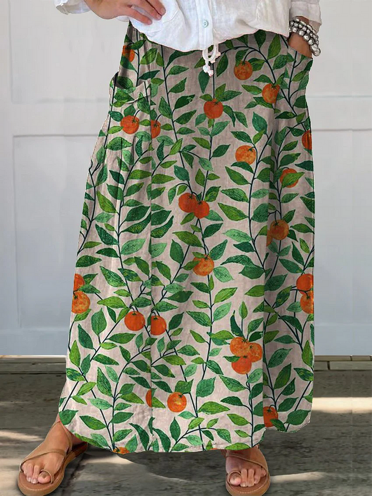 Women's Flower Art Print Linen Pocket Skirt