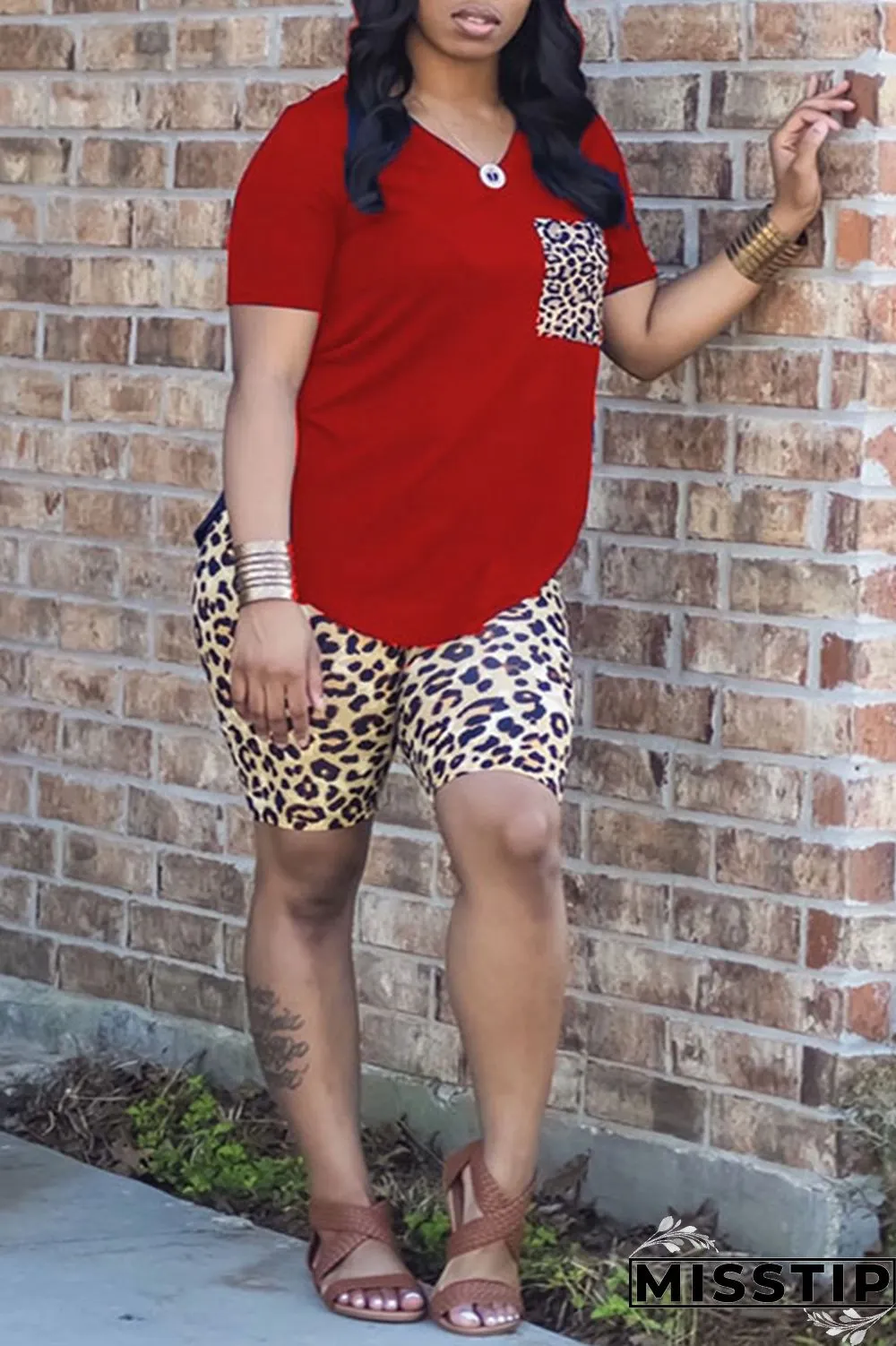 Pink Fashion Casual Leopard Printing V Neck Short Sleeve Two Pieces