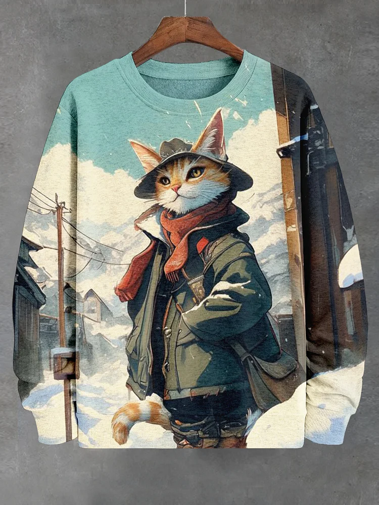 Men's Cat In Winter Clothes Japanese Art Print Casual Sweatshirt