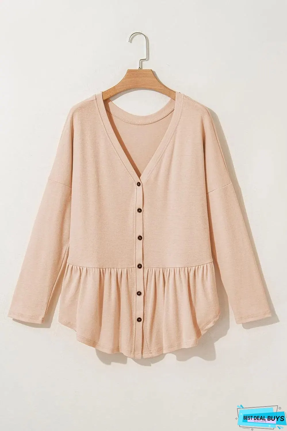 Jet Stream Ruffled V Neck Buttoned V Neck Shirt