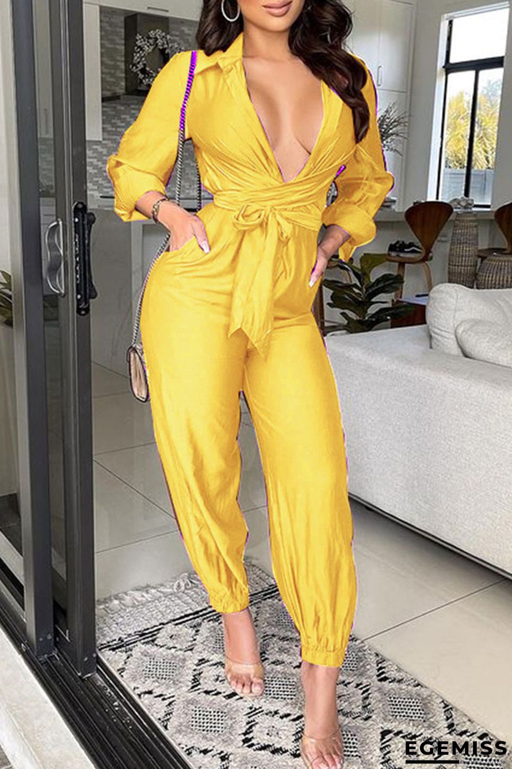 Yellow Casual Solid Bandage Patchwork V Neck Straight Jumpsuits | EGEMISS
