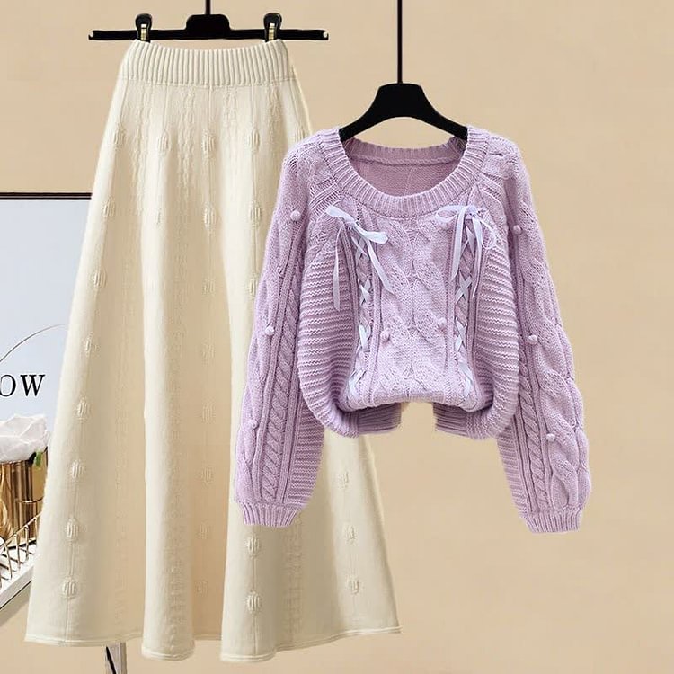 Pills Decor Cable Knit Sweater Skirt Two Piece Set