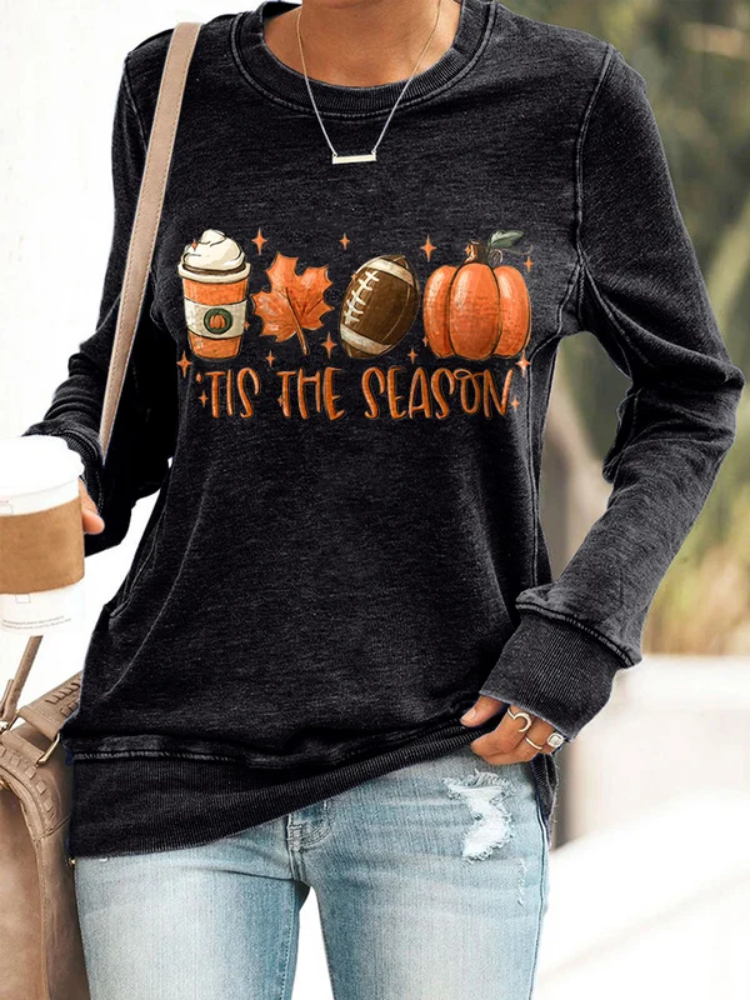 Football Tis The Season Pumpkin Maple Leaf Print Sweatshirt