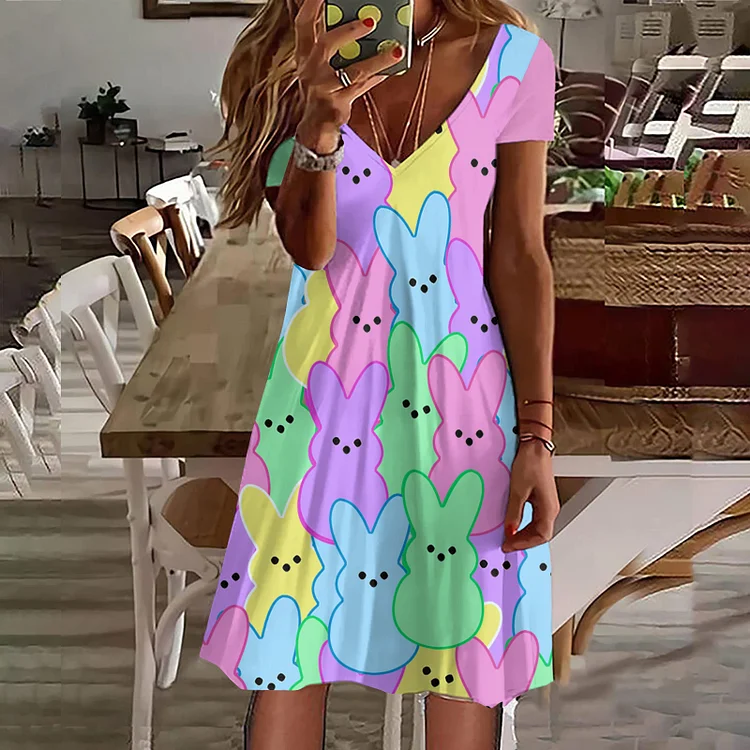 Colorful Rabbit Print V-Neck Casual Midi Dress