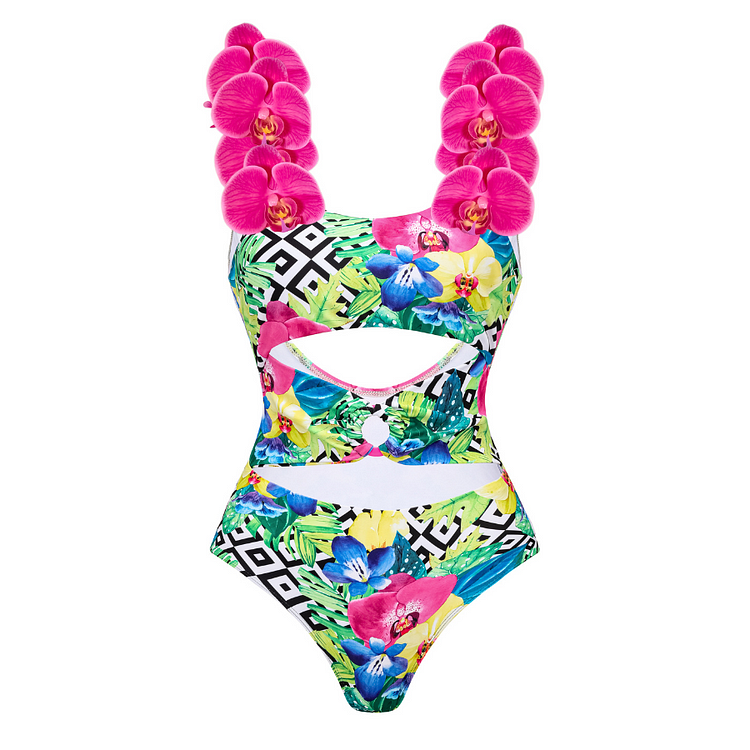 3D orchid Print One Piece Swimsuit and Sarong