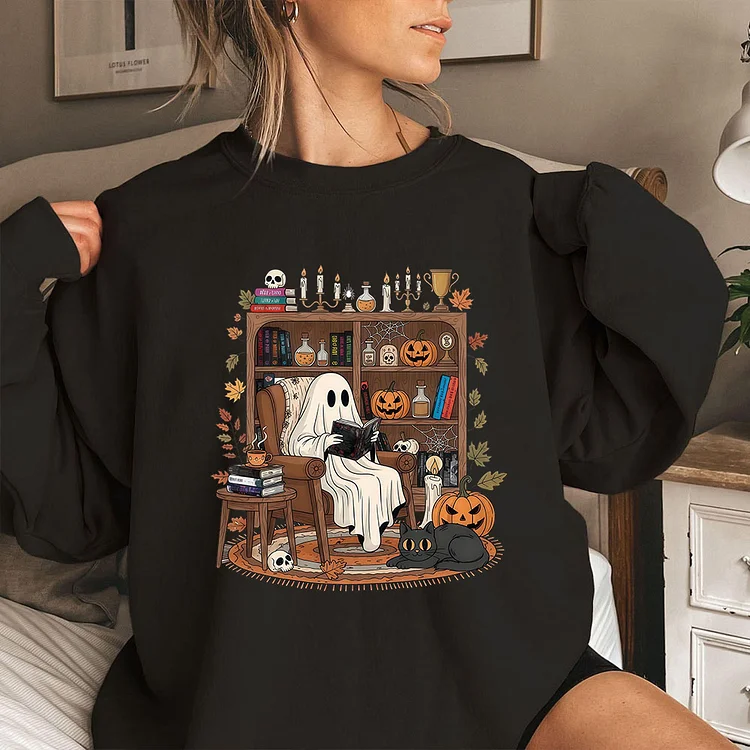 Retro Cozy Ghost Reading Halloween T-Shirt, Fall Library Boo Ghost Hoodie, Cute Spooky Bookshelf Hoodie, Sweatshirt
