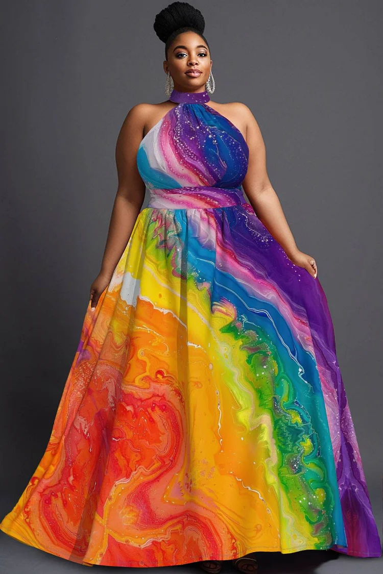 Xpluswear Design Plus Size Party Rainbow Colorblok Halter Collar Knitted Maxi Dresses [Pre-Order]