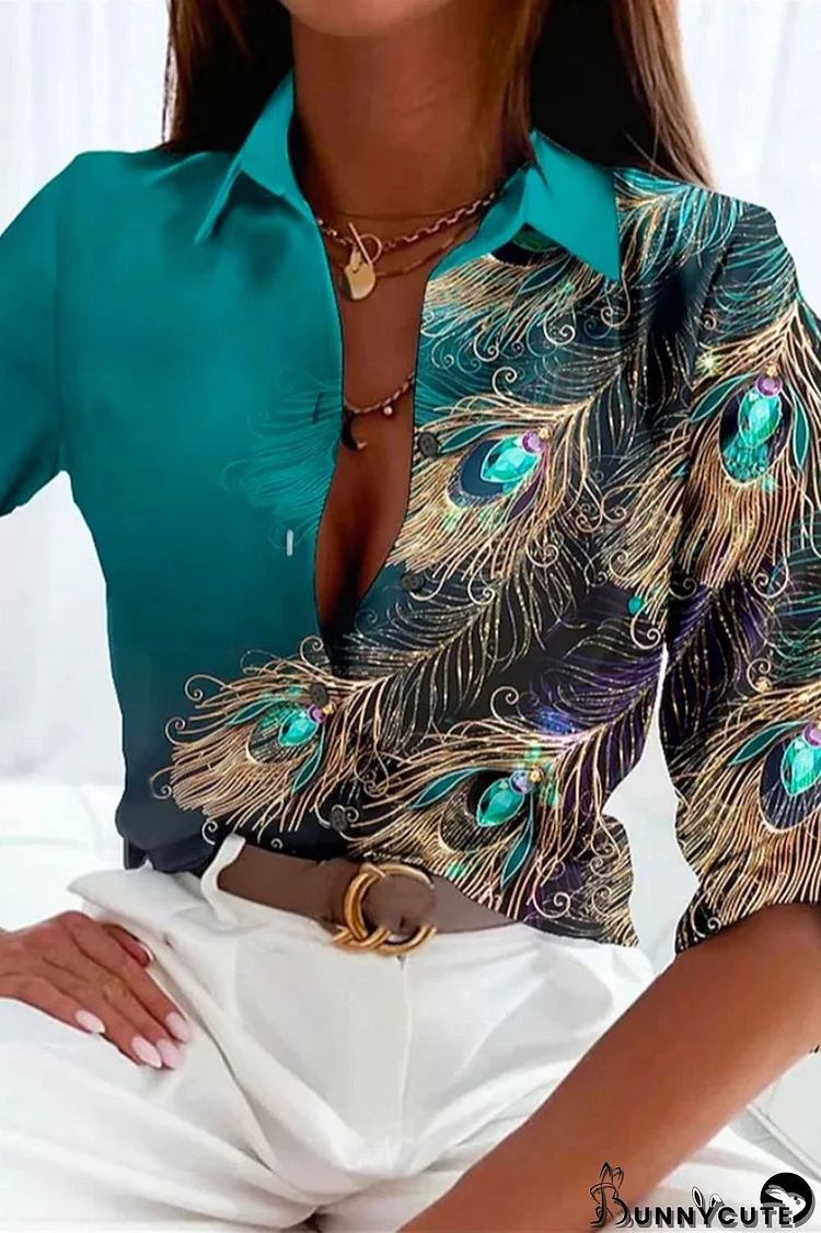 Green Casual Print Patchwork Shirt Collar Tops