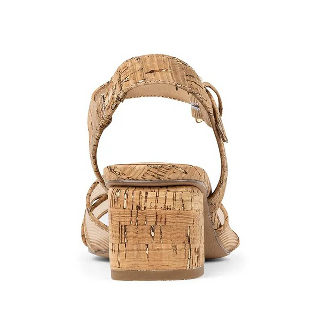 Beige Mesh Wood Print Open Toe Low Heel Sandals with Ankle Strap