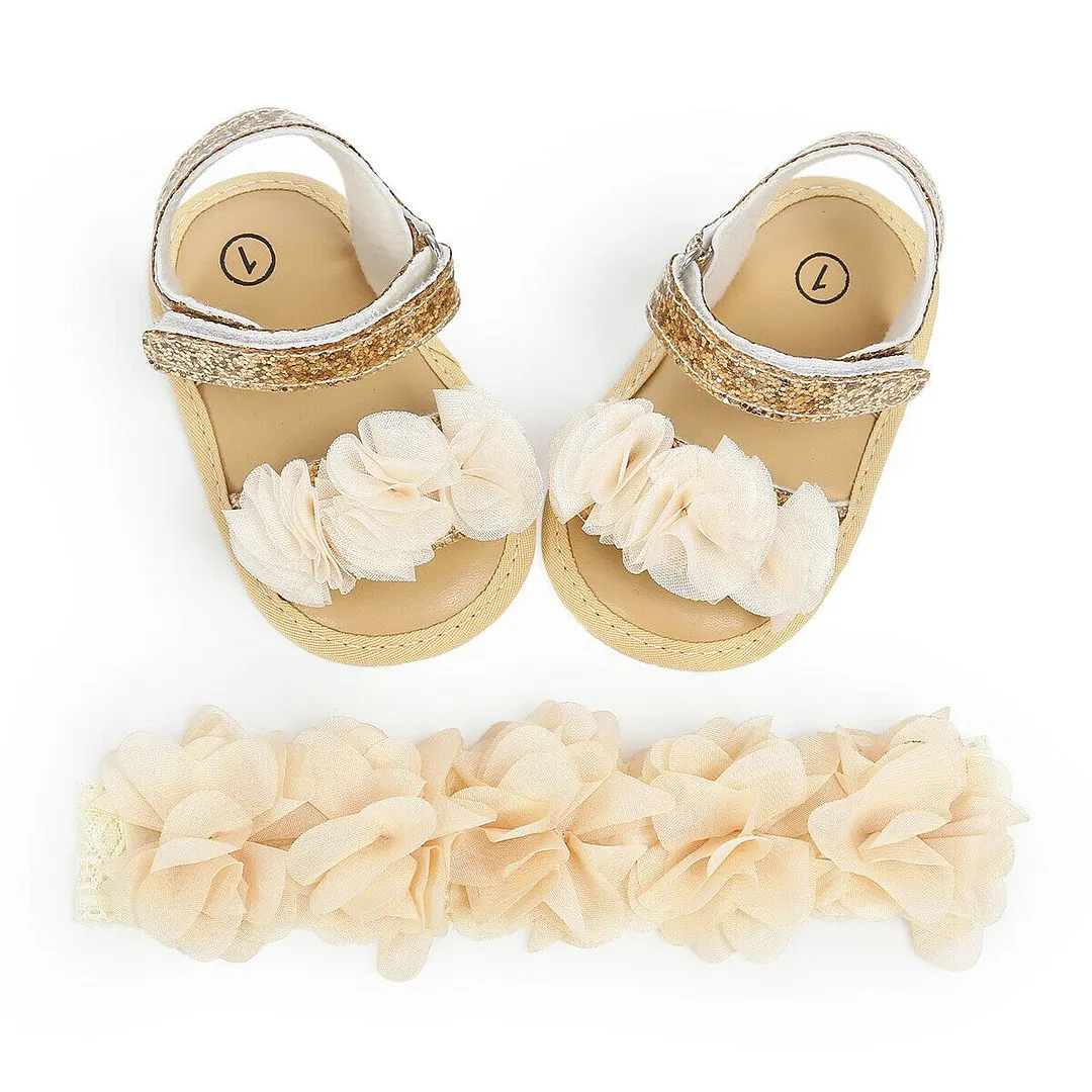 2019 Baby Summer Clothing Newborn Kid Baby Girl Flower Sandals Shoes Soft Sole Hook Casual Summer Shoes +Headband 2Pcs Solid Set