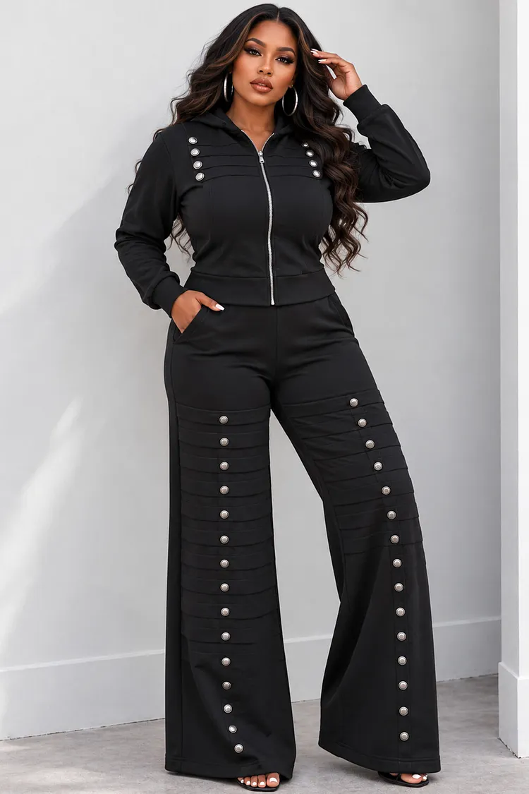 Xpluswear Design Plus Size Daily Black Hoodies Long Sleeve Frog Button Pocket Two Piece Pant Sets [Pre-Order] 2024 - Xpluswear
