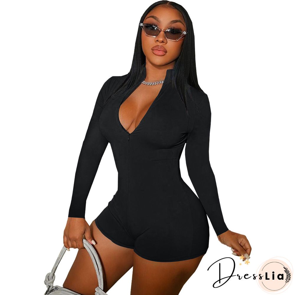 Solid Zipper Front Long Sleeve Bodycon Romper