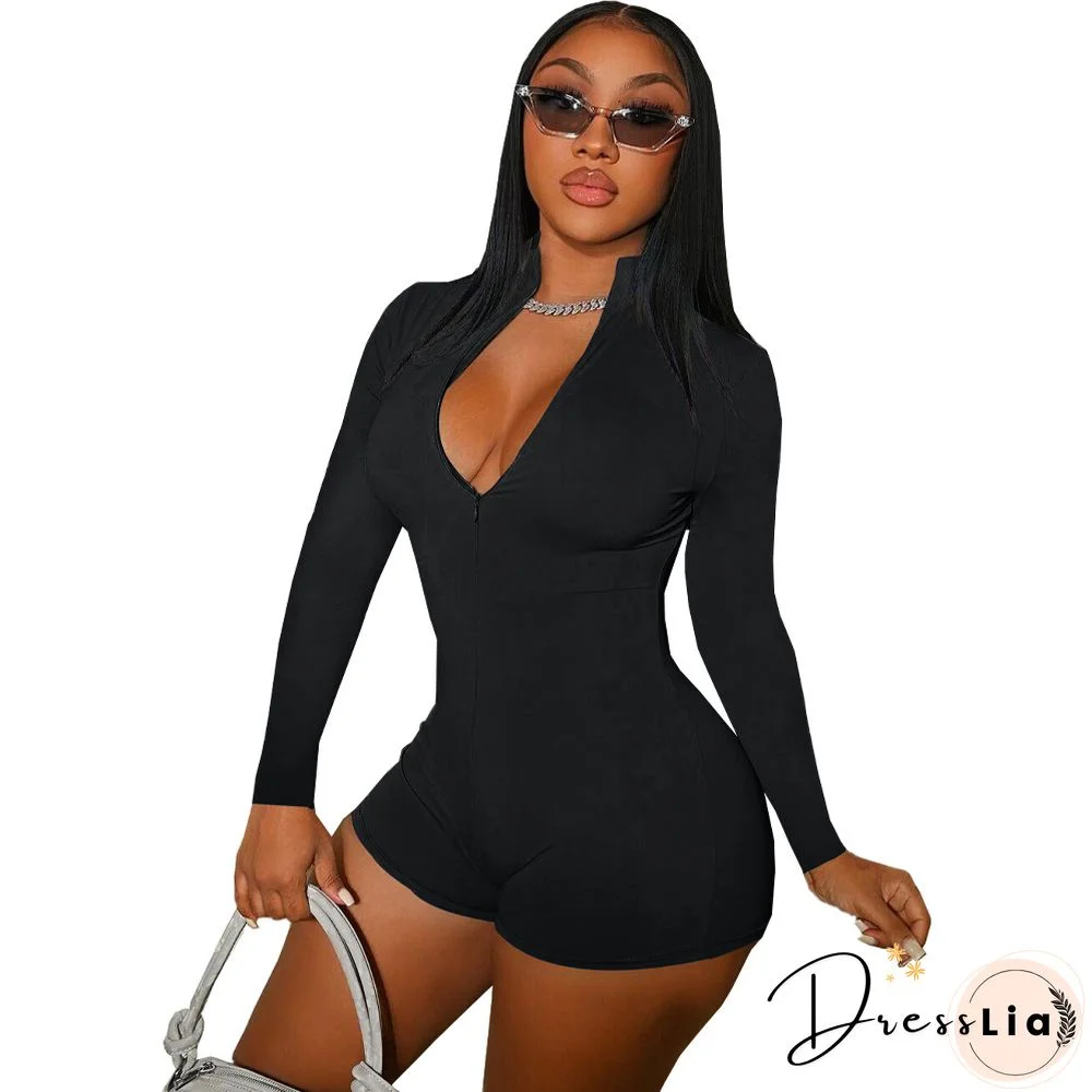 Solid Zipper Front Long Sleeve Bodycon Romper
