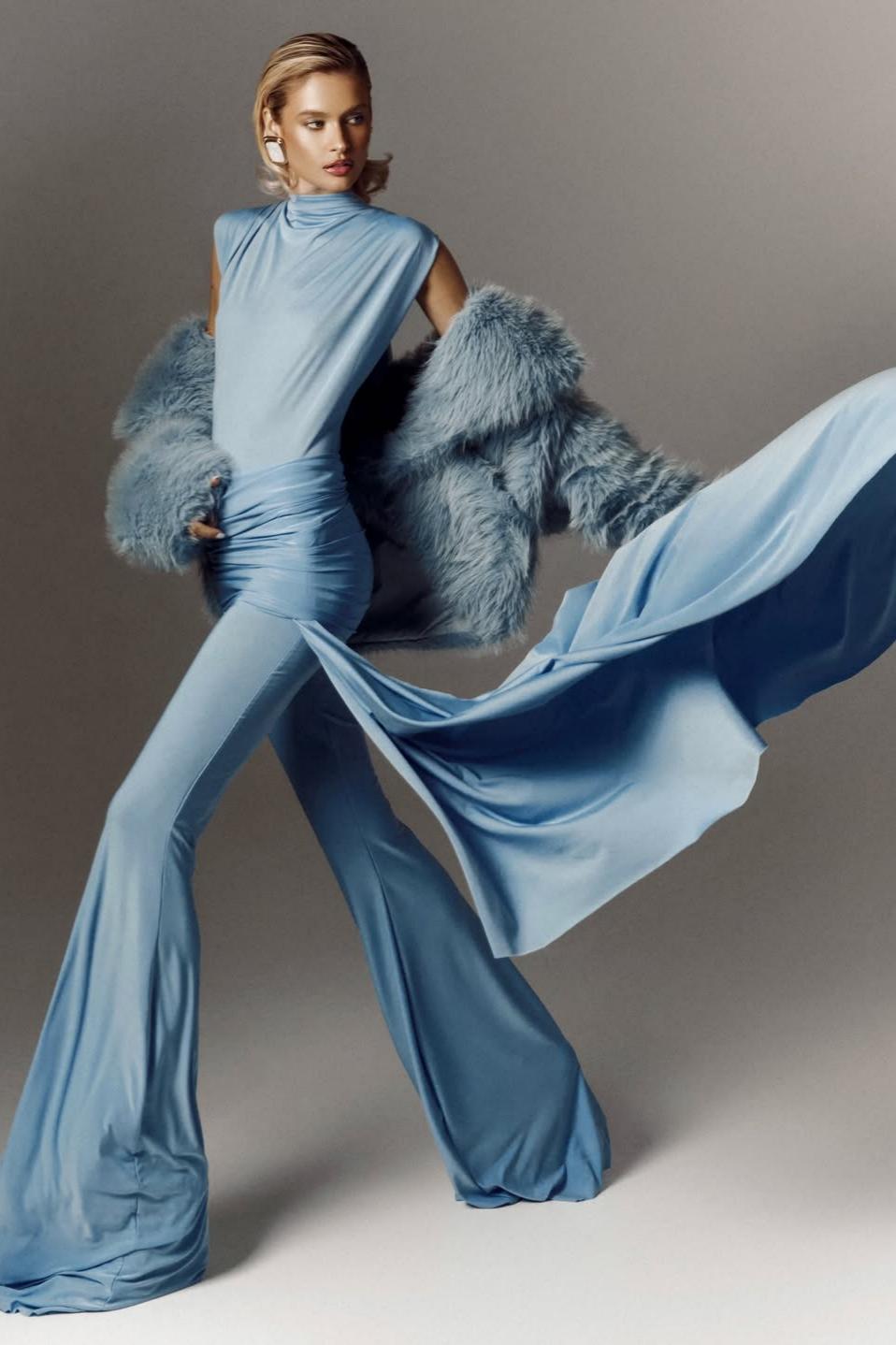 Lussooy Glamorous Dusty Blue High Neck Sleeveless Jumpsuit with Flowing Train 