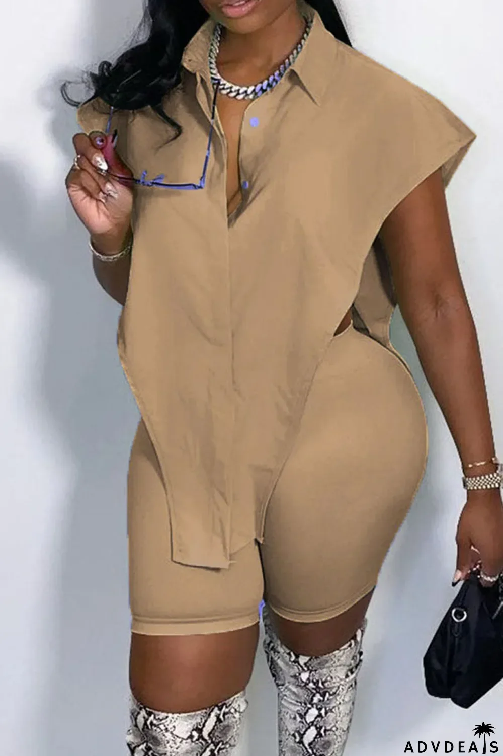 Green Sexy Street Solid Split Joint Buckle Asymmetrical Turndown Collar Sleeveless Two Pieces