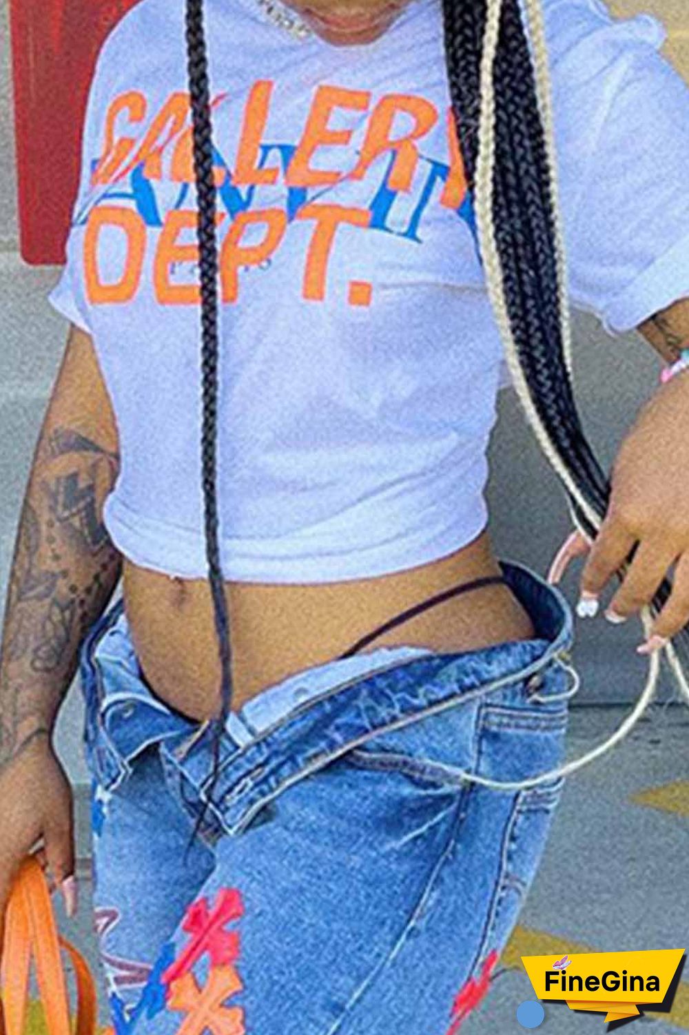 White Casual Print Letter O Neck T-Shirts