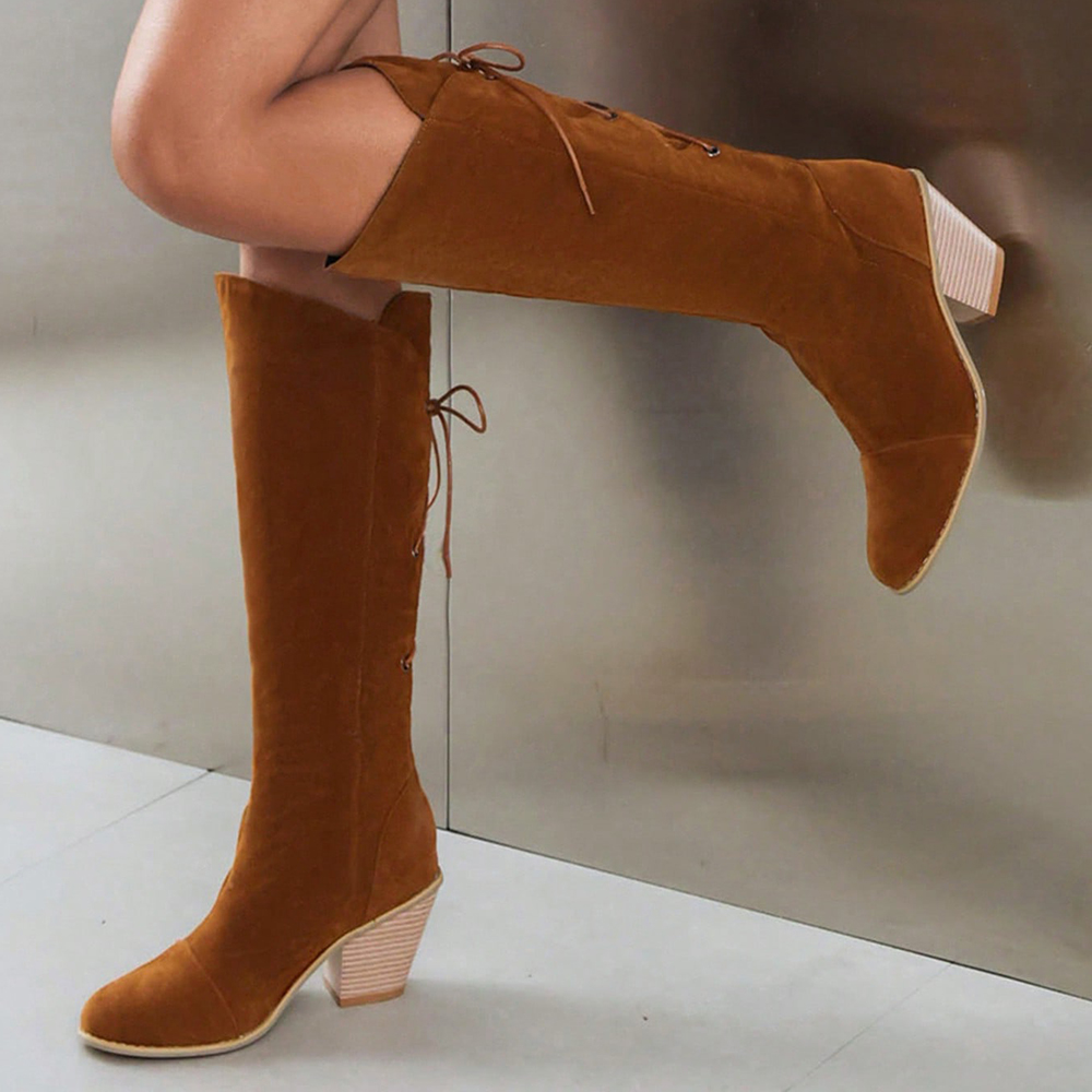 Brown Faux Suede Closed Toe Chunky Heel Lace Up Knee High Boots Nicepairs