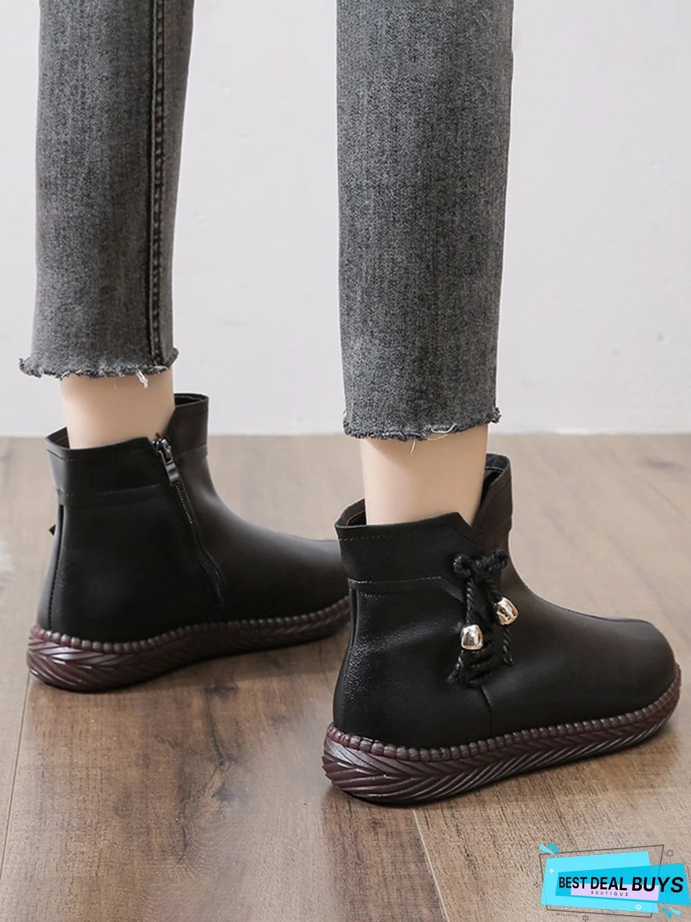 Women's Bow Faux Fur Lined Plain Boots with Zipper