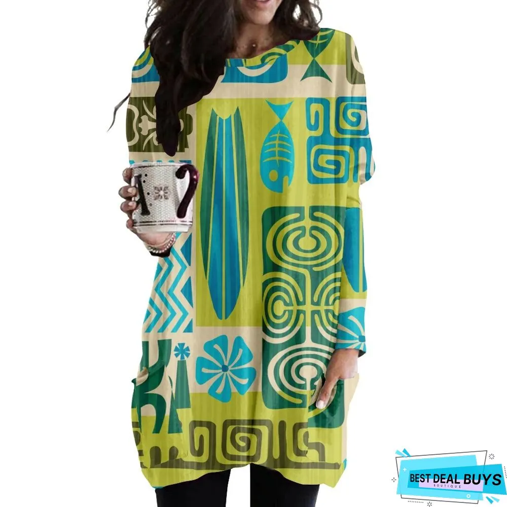 Round Neck Casual Fashion Medium Length Loose Dress 3D Printing