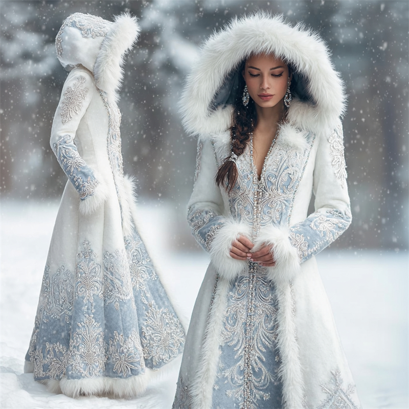 Vintage Snowflakes Beaded Fur Trim Hooded Long Cardigan elevenforest