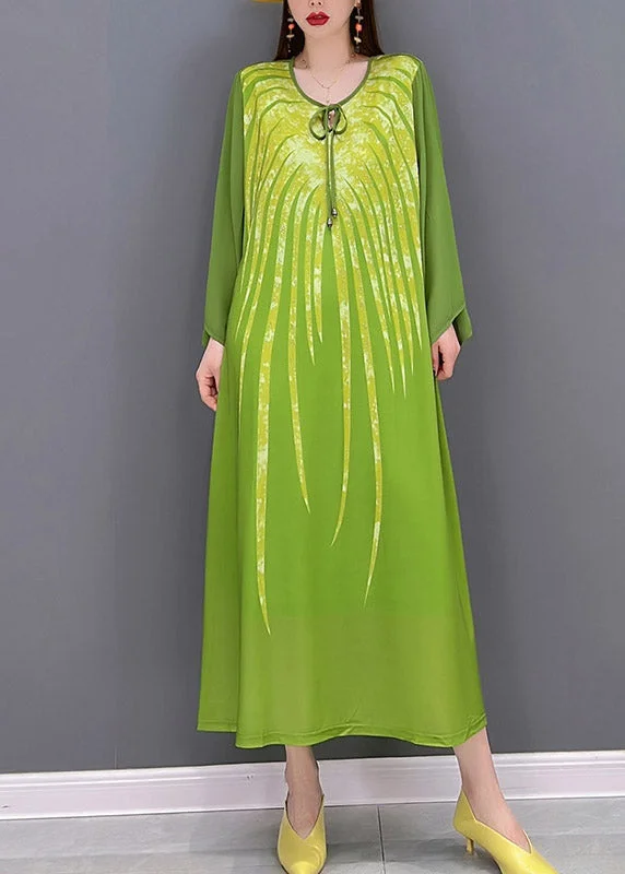 Green Chiffon vacation Dress Appliques Lace Up Long Sleeve