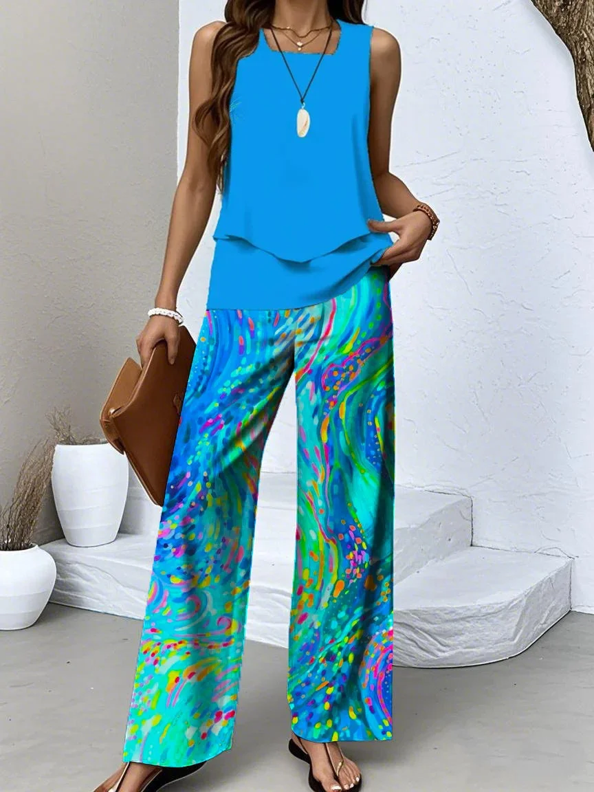 Women's Sleeveless Square Collar Graphic Printed Casual Set
