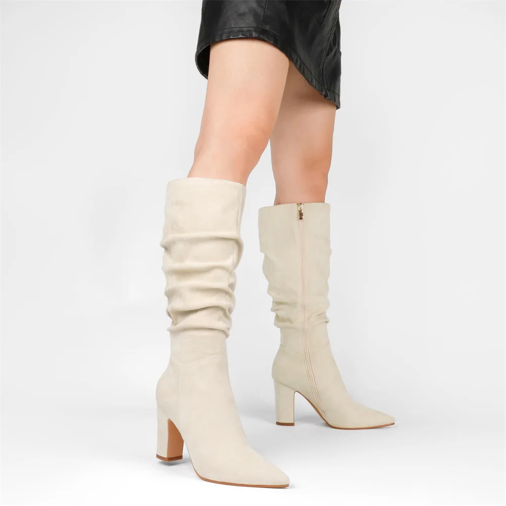 3.35" Women's Knee Boots Chunky Heels Zipper Fashion Sexy Suede Slouchy Boot-MERUMOTE