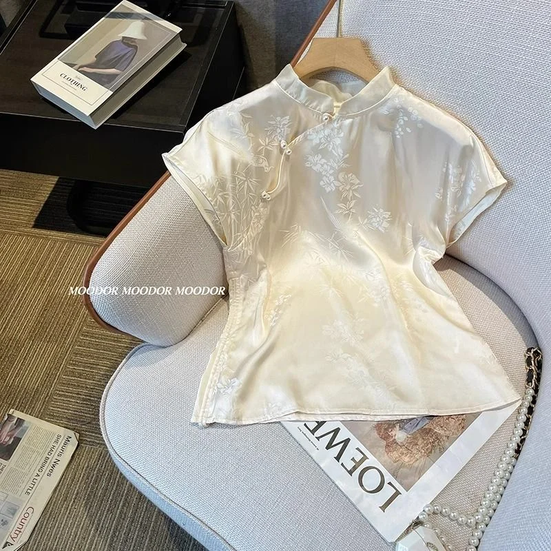 Ueong Chinese Short-Sleeved Printed Vertical Collar Shirt Women's Summer 2024 New Light National Style Short Acetic Acid Satin Blouse
