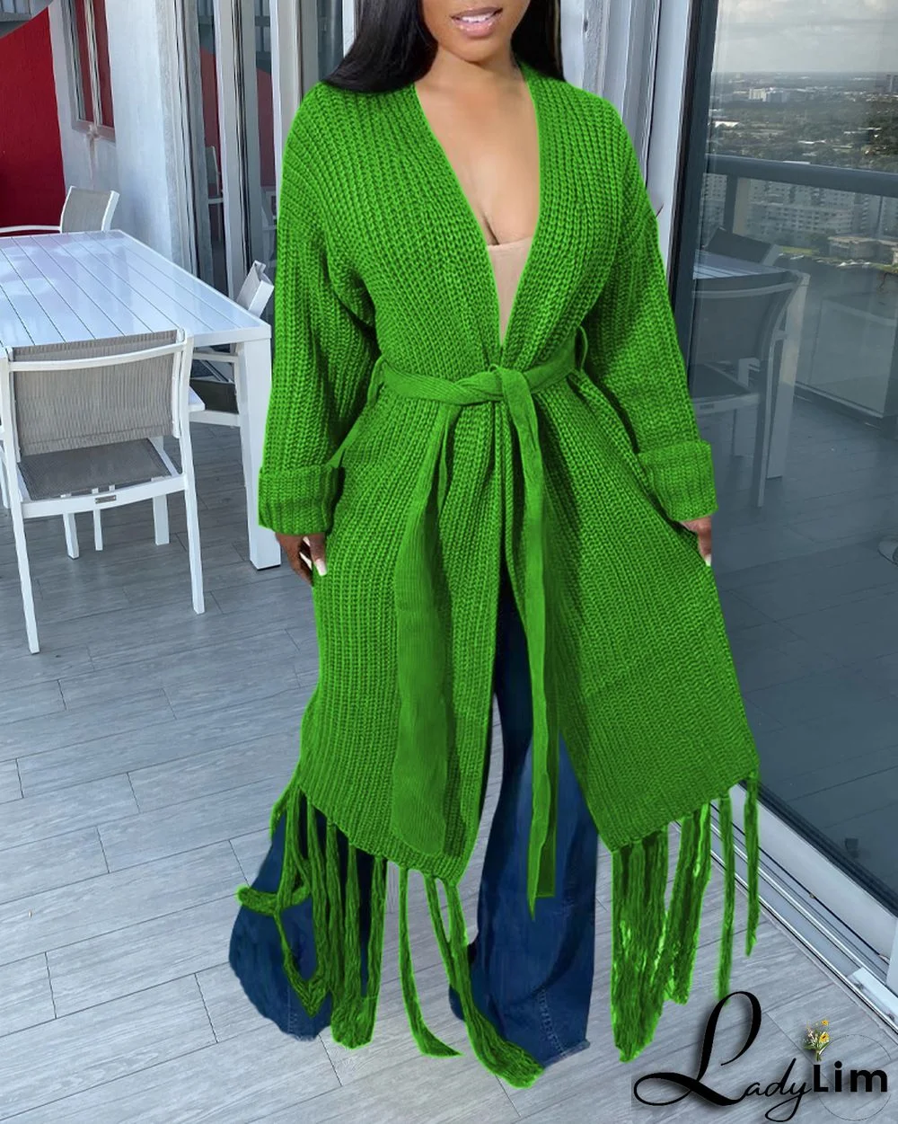 Women Long Sleeve Fringe Cardigan Sweater