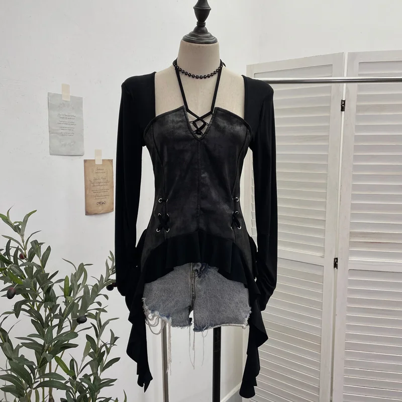 Nigikala Nigikala Tidal Irregular Hanging Neck Tie With Hollow Spliced Niche Pads On The Shoulder With Long-Sleeved T-Shirt 2695