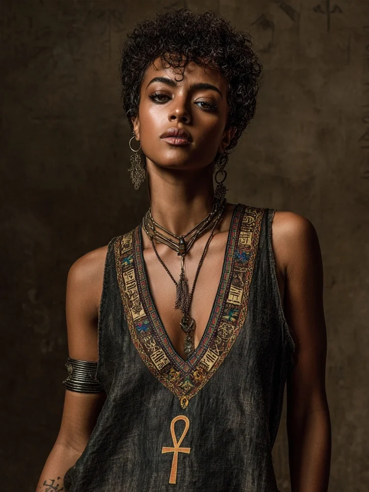 Ankh Ancient Egyptian Embroidered Linen Tank Top