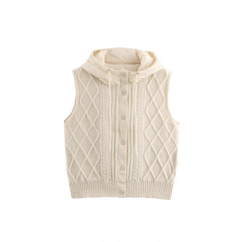 Nigikala Nigikala Women's 2025 Winter Fashion Vintage Vintage Vintage Cotton Stitched Knitted Hooded Vest Vest
