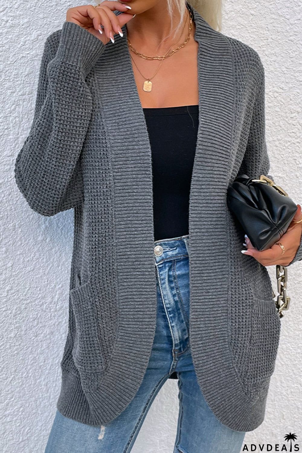 Open Front Rib-Knit Cardigan with Pockets