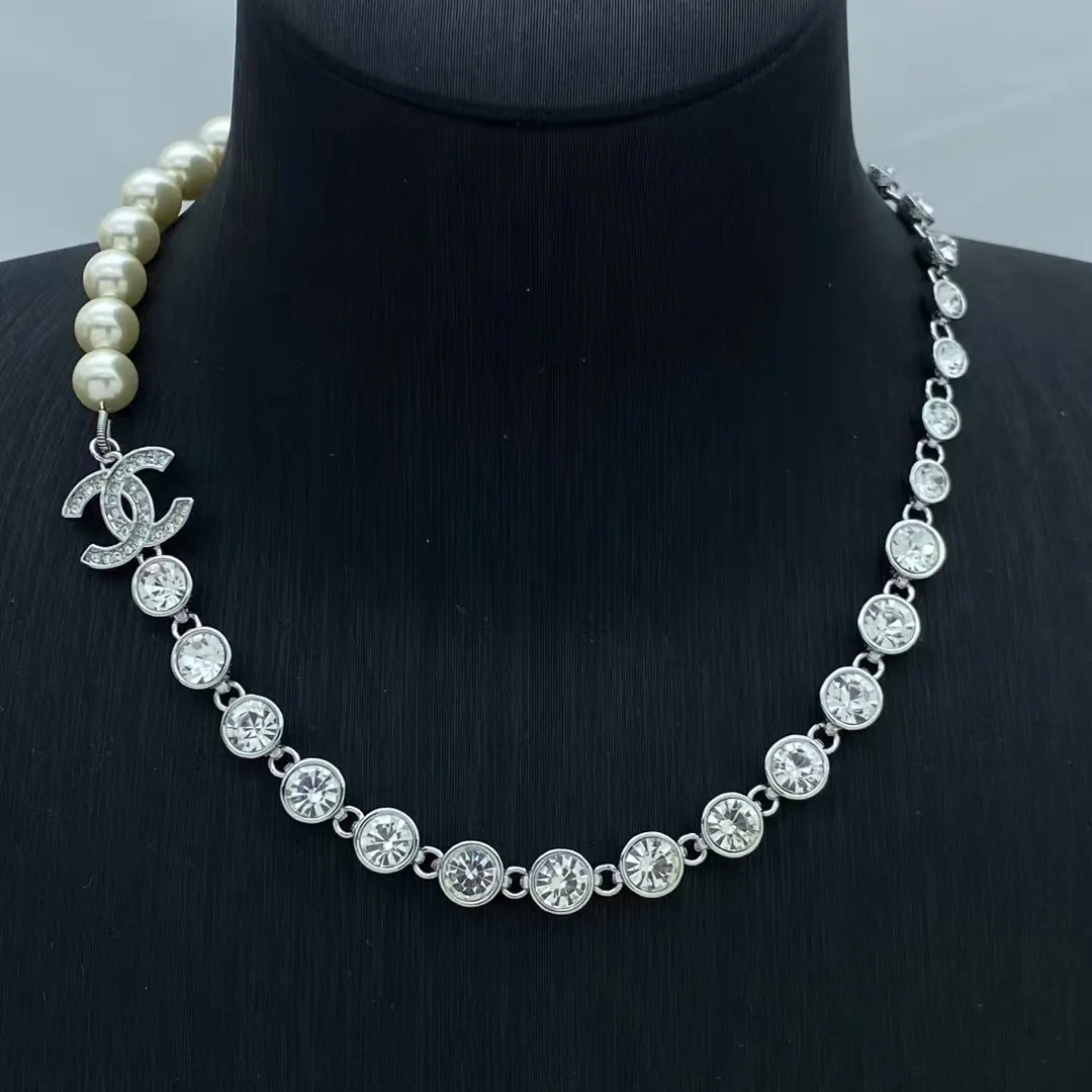 Chanel  Half Diamond Chain and Half Pearl Necklace