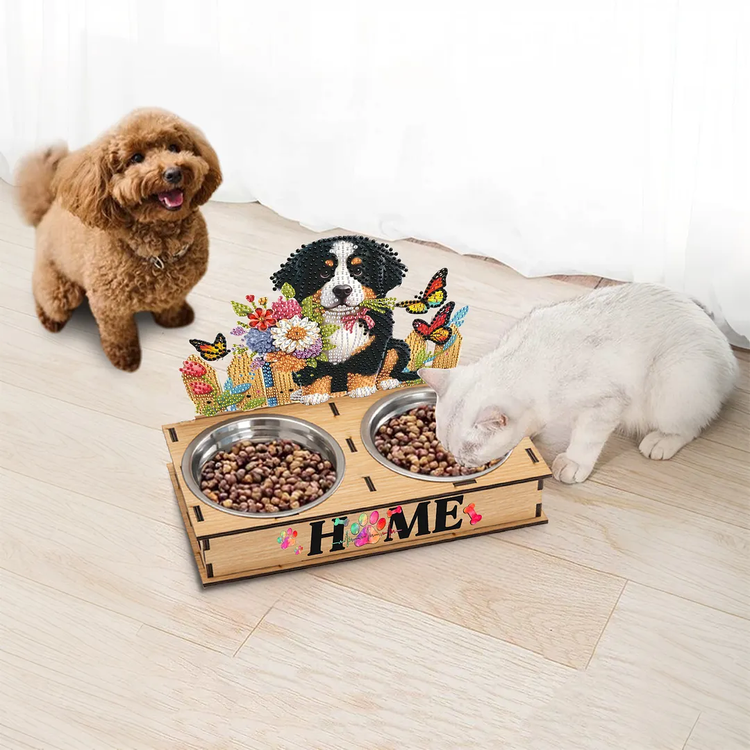 Diamond Painting Food Bowl with Wood Stand Diamond Art Dog Bowl for Small Dogs