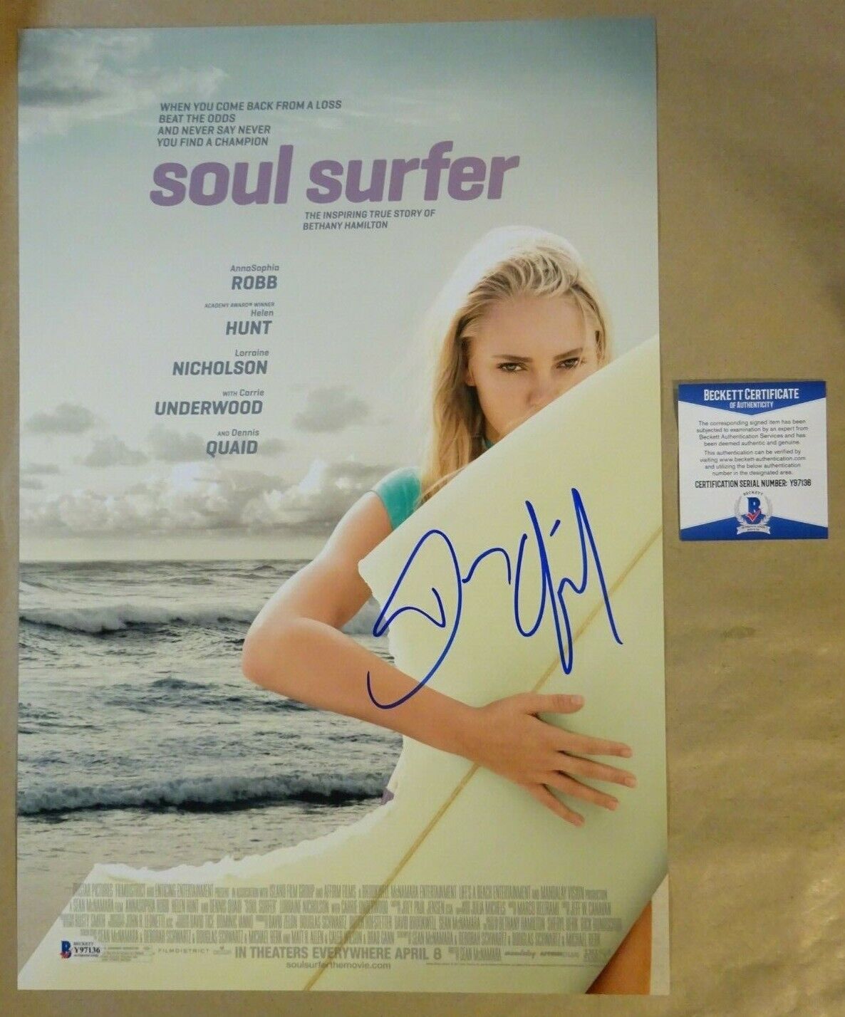 Signed DENNIS QUAID Autographed SOUL SURFER 12x18