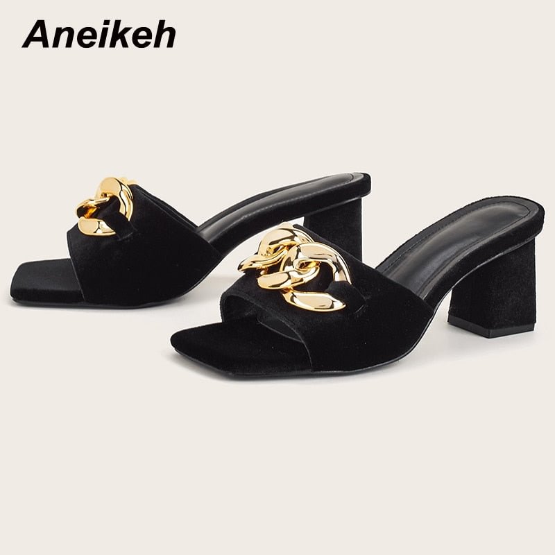 Aneikeh 2021 NEW Fashion PU Women Shoes Summer Square Heel Peep Toe Slipper Novelty Shallow Metal Decoration Patchwork Elegant