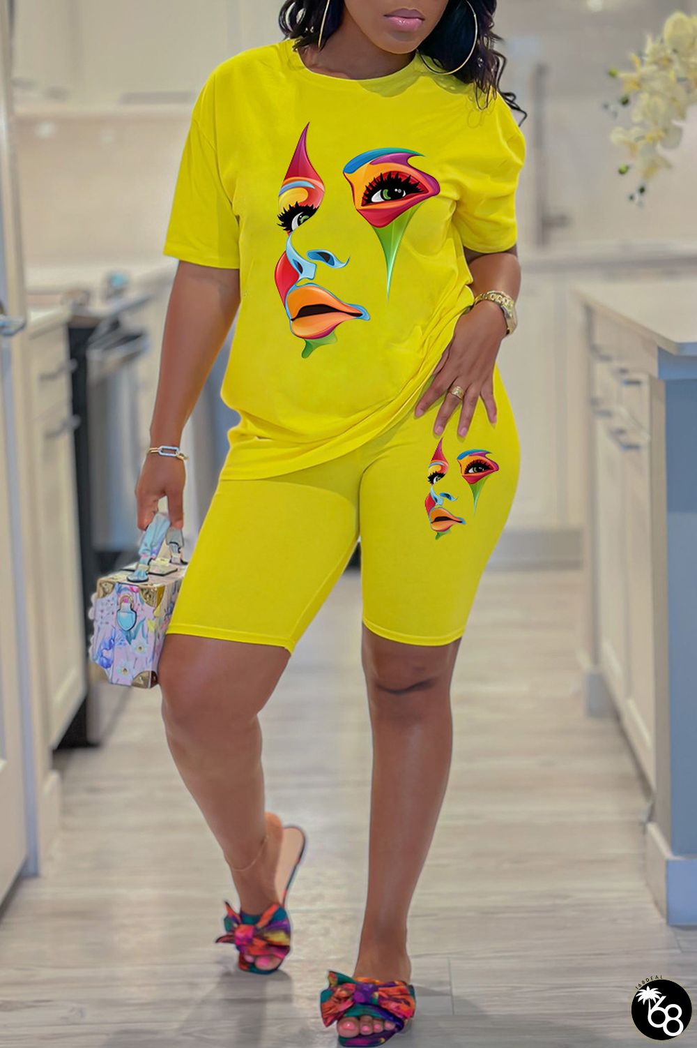 Yellow Casual Print Basic O Neck Short Sleeve Two Pieces | 168DEAL